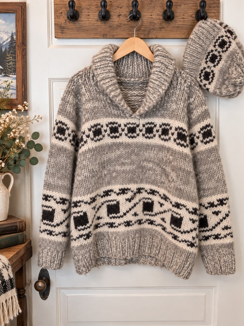 Vintage Handmade Wool Sweater Matching Hat Chunky Cowichan Style Grey